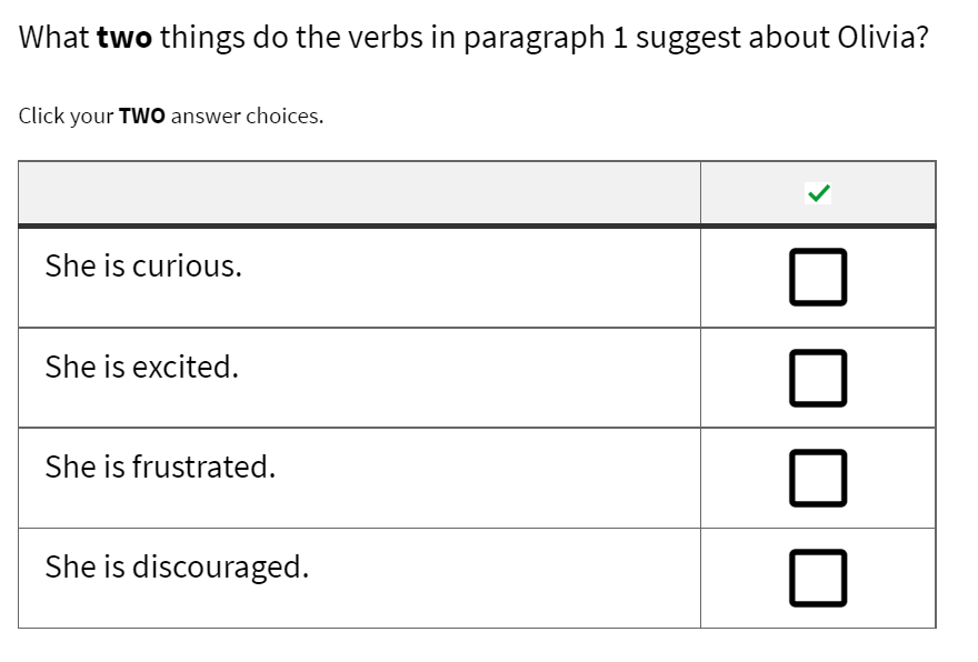 MC table of possible answers